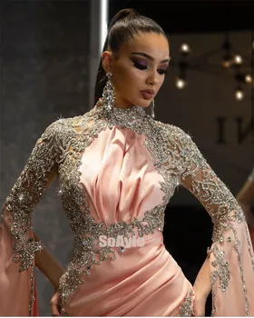 Dubaj Arabské Luxusní Krystal Večerní Šaty Dlouhé Trati Beaded Mermaid Večerní Šaty 2020 Sexy Rozdělit Večerní Party Šaty