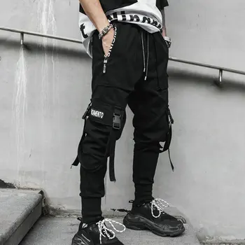 2020 Muži Jaro Hip Hop Běžce Muži Černé Harém Kalhoty Multi-pocket Stuhy Muž Tepláky Streetwear Ležérní Pánské Kalhoty YJJ14