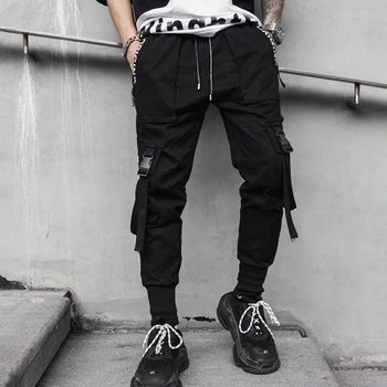2020 Muži Jaro Hip Hop Běžce Muži Černé Harém Kalhoty Multi-pocket Stuhy Muž Tepláky Streetwear Ležérní Pánské Kalhoty YJJ14
