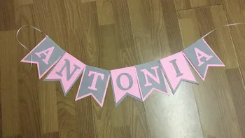 Personalizované baby sprcha banner vlastní jméno pro holku bunting růžový sen, narozeniny, party dekorace girlanda šedá vlajka horké photoprops