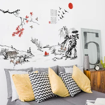 Čínský styl Tušové malby krajina, umění, Samolepky na Zeď Obývací pokoj Ložnice pozadí pro domácí dekorace Nástěnné Obtisky tapety