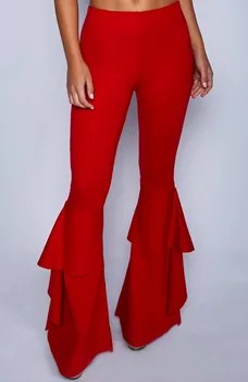 Hippie Ženy Nadšené Červené Volánky Slim Flare Kalhoty Elastický Spodní 2018 Módní Letní Nové Širokou Nohu Kalhoty Elegantní Oblečení