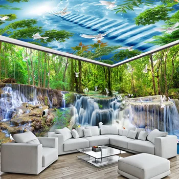 Vlastní 3D Fotografie Tapety Zeď Hadříkem Lesní Vodopád Příroda Krajina Velké nástěnné Malby Obývací Pokoj, Ložnice Tapety Zeď Krytiny