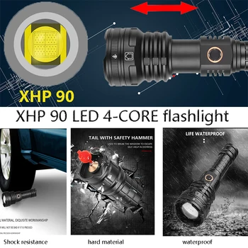 Super XHP90 LED Taktická Svítilna Vodotěsná Pochodeň 5 režimů Osvětlení Zoom vestavěný lampy použijte 26650 baterie přenosný