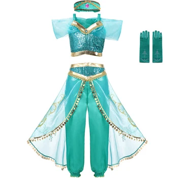 Nové Aladdin Jasmine Kostýmy Děti Arabská Princezna Šaty Pro Dívky Indické Taneční vystoupení Oblečení, Čelenka, Rukavice cosplay Paruky