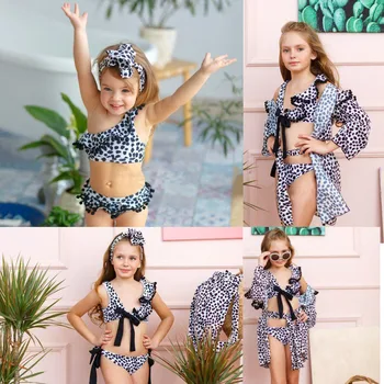 2020 Horké Děti Dívky Dva kusy Bikiny Set Plavky Leopard Tisk Volánky Léto Plavky Plážové oblečení Zakrýt Plavky 1-6T