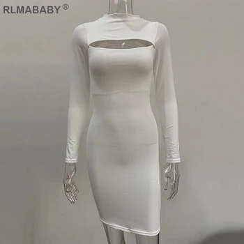 RLMABABY 2020 Letní dvouvrstvé Bodycon Ženy Šaty Night Club Party Mini Šaty na Hrudi Duté Dlouhý Rukáv Ženské Sexy Šaty