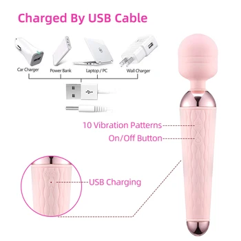 Silný Orální Klitoris, Vibrátory USB Nabíjení Av Magic Wand Vibrátor Anální Masér Dospělý Sex Hračky Pro Ženy Bezpečné Silikonové Sex Produktu