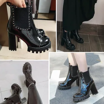 Punk kožené dámské kotníkové boty vintage nýt, vysoké podpatky boty ženy platforma podzim zimní boty tlusté podpatky černé