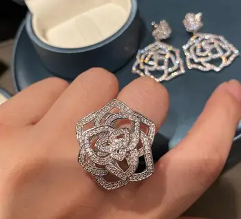 ženy trojrozměrný květina elegant lady duté camellia náušnice zirkon prsten šperky set