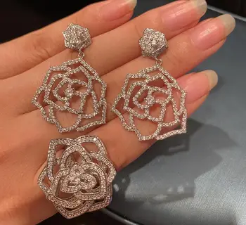 ženy trojrozměrný květina elegant lady duté camellia náušnice zirkon prsten šperky set