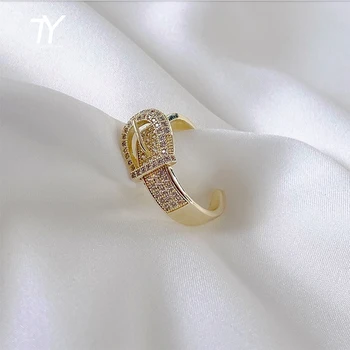 Moderní Design Micro Vykládané Zirkony Přezku Zlaté Otevření Prsteny Pro Ženy Móda Korean Šperky Party Dívčí Luxusní Prsten
