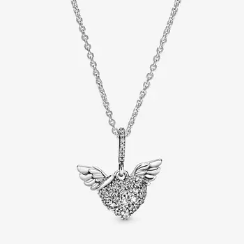 2020 Real 925 Sterling Silver Luxusní Crystal Pave Srdce A Anděl Křídla Náhrdelník Fit pandra Náhrdelník, Přívěsek Kouzlo Šperky DIY