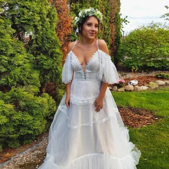 LORIE Bohémský Svatební Šaty Roku 2020 Off Rameno A-Line Krajka Pošity Boho Svatební Šaty Šněrování Plus Velikost Beach Svatební Šaty