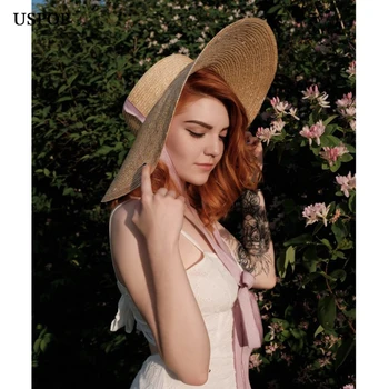 USPOP letní klobouky ženy sun hat francouzském stylu slaměný klobouk široký okraj neformální přírodní pšeničné slámy klobouk, krajka-up pláž hat odstín