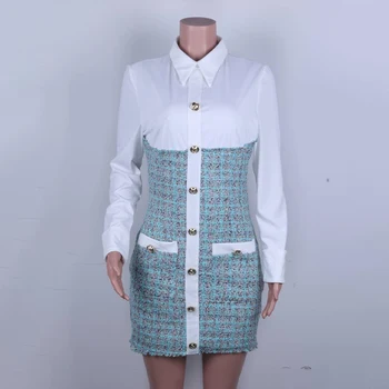 Podzimní Office Dámy Mini Šaty Pro Ženy Elegantní Top Tunika Patchwork Módní Šaty Ženské 2021 Jediného Breasted Dámy Vestidos