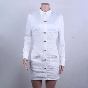 Podzimní Office Dámy Mini Šaty Pro Ženy Elegantní Top Tunika Patchwork Módní Šaty Ženské 2021 Jediného Breasted Dámy Vestidos