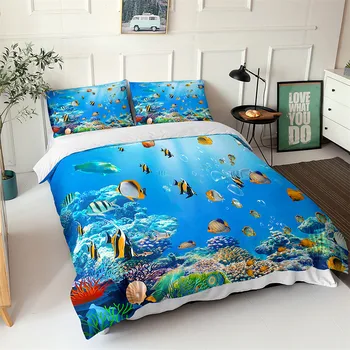 Modré Mořské Ryby 3D Tištěné Peřinu Sady Pro Děti, Ložní prádlo Set Queen King Size Nordic Oceánu Krajina Single Double Bed Set