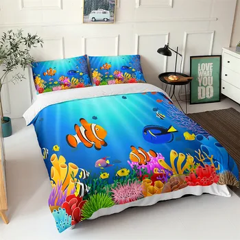 Modré Mořské Ryby 3D Tištěné Peřinu Sady Pro Děti, Ložní prádlo Set Queen King Size Nordic Oceánu Krajina Single Double Bed Set