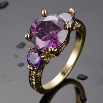 Roztomilé Ženy Fialová Krystal Kámen Šperky Zlaté Barvy, Tenký Svatební Prsteny Pro Ženy Vintage Nevěsta Kolo Zásnubní Prsten