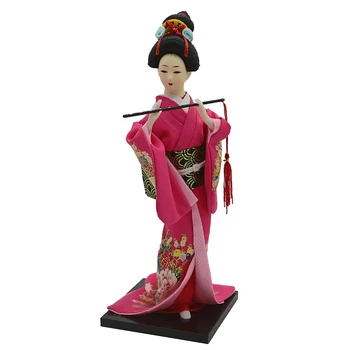 12inch Starobylé Japonské Lady Figurka Geisha Panenka V Růžové Červené Kimono W/ Fan