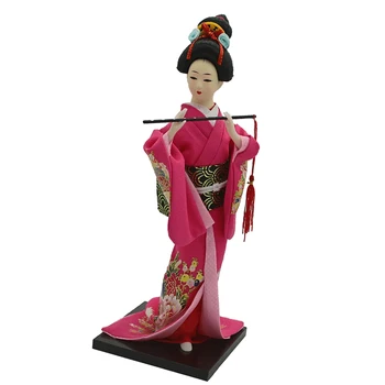 12inch Starobylé Japonské Lady Figurka Geisha Panenka V Růžové Červené Kimono W/ Fan
