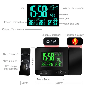 LCD Digitální Projekční Budík Rádio-Ovládání pomocí Bezdrátové Meteorologické Stanice, Projekční Hodiny, Datum, Duální Budík, Funkce Snooze