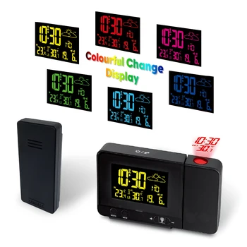 LCD Digitální Projekční Budík Rádio-Ovládání pomocí Bezdrátové Meteorologické Stanice, Projekční Hodiny, Datum, Duální Budík, Funkce Snooze