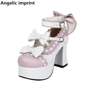 Andělské otisk módní ženy mori girl lolita cosplay boty lady vysoké podpatky čerpadla ženy princezna šaty party boty 33-47 9,5 cm