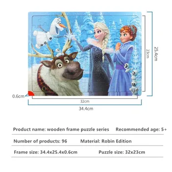 Dřevěné Rámové Puzzle Disney Karikatury Ice Snow/princezna Brzy Vzdělávací Hračky pro Děti, 96 Kusů