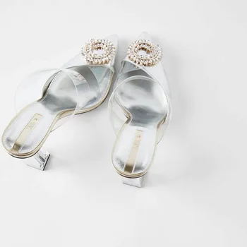 2020 Nové Letní Sandály pro Ženy s Špičatou V Mělké Transparentní Robustní podpatek Pás S Crystal spony Slingbacks