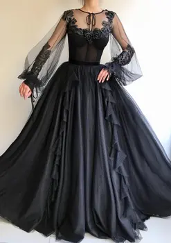 Gothic Černé Antické Večerní Šaty S Dlouhými Rukávy Čiré Krku Středověké Punkové Prom Šaty Jedinečné Dámské Formální Večerní Šaty Šaty