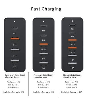 75w PD QC3.0 Duální Protokol Fast Charge 4/5/6 Port Multi USB Rychlá Nabíječka Pro iPhone Tablet Multi-Funkce Inteligentní Desktop Adaptér