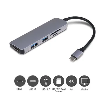 Vysokorychlostní 5-v-1 Typ C-OTG Čtečka karet Smart Card 4K HDMI Rozbočovač USB 3.0 Pro PC CF TF SD Memory Card Reader Adaptér Pro Mac OS