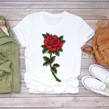 Ženy Kreslený Květ Růže Valentine 90. let Módní Dámské Print Lady T-košile, mikiny a trička Dámské Grafické Tričko Female Tee T-Shirt