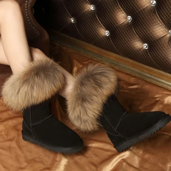 RUIYEE dámské vysoké boty kožené boty nadrozměrných fox kožešiny dlouhé boty dámské boty 2018 nové hovězí kůže kozačky