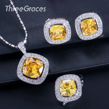 ThreeGraces Módní Žluté Zirkony Náměstí Přívěsek Náhrdelník Náušnice Šperky Sady pro Ženy, Africké Svatby Dárek JS131