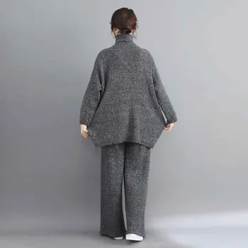 2 Dílná Sada Plus Velikosti Ženy Svetr Sady 2019 Podzim Zima Vintage Pletení Oblek Velké Velikosti Rolák Volné Dlouhé Kalhoty