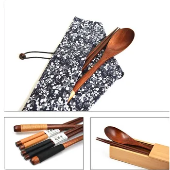 1 Páry Hůlky+1ks Lžíce Ručně vyráběné Japonské Přírodní Kaštanové Dřevo Hůlky Lopatka Sada Cestovního Nádobí S Hodnotou Dárkové tašky