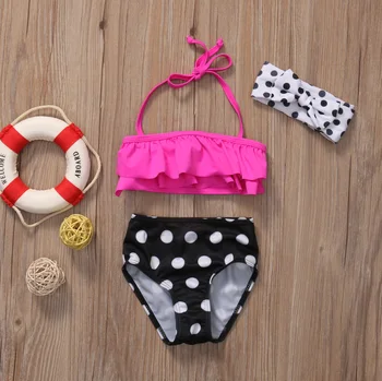 Holka Polka Dot Halter Volánky Bikini Set s Čelenka Batole Dítě Letní Pláž 3 Kusy plavky Plavky Plavky