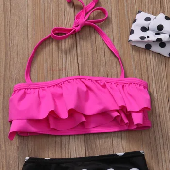 Holka Polka Dot Halter Volánky Bikini Set s Čelenka Batole Dítě Letní Pláž 3 Kusy plavky Plavky Plavky