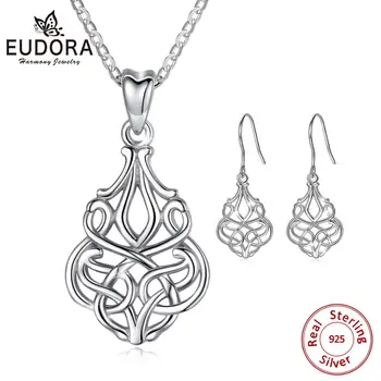 EUDORA nové 925 Sterling Silver, hodně Štěstí Irský Keltský Uzel Láska Přívěskem Náhrdelník Náušnice Šperky Sady pro Ženy, Strana, Dar