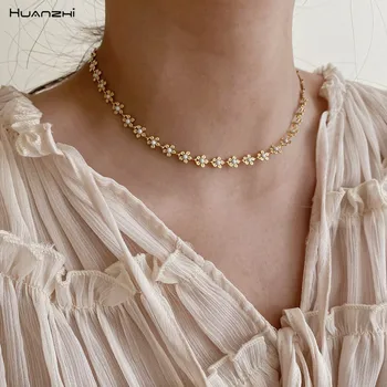 HUANZHI 2020 Nové Korea Retro Zlatá kovový Korálek květina Klíční kost Řetěz Náhrdelník pro Ženy, Dívky, Svatební Nové Šperky Dárky