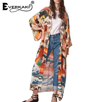 Everkaki [Ukijoe] Print Kimono Dlouhé Kabáty Letní Pláž Celkově Boho Dámy Harajuku Kimono Kabát Ženské Volné 2020 Nové Módní