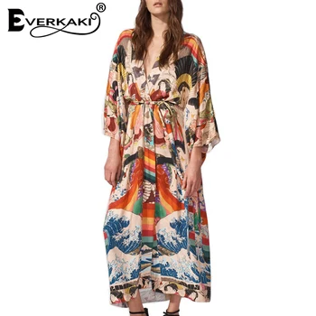 Everkaki [Ukijoe] Print Kimono Dlouhé Kabáty Letní Pláž Celkově Boho Dámy Harajuku Kimono Kabát Ženské Volné 2020 Nové Módní
