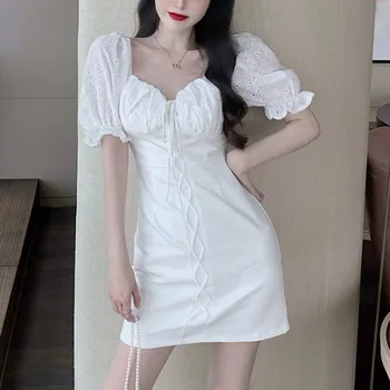 Ženy Letní Vintage Šaty 2020 Módní Linie Puff Sleeve Příležitostné Bílé Šaty Korejské Šaty Sexy Party Elegantní Mini Šaty