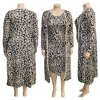 Leopard Patchwork Vintage Dva Kus Oblečení pro Ženy, Hubená Poloviny Lýtka Party Šaty a Dlouhý Rukáv Open Stitch Plus Velikosti Tepláky