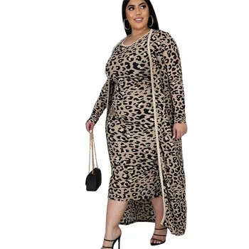 Leopard Patchwork Vintage Dva Kus Oblečení pro Ženy, Hubená Poloviny Lýtka Party Šaty a Dlouhý Rukáv Open Stitch Plus Velikosti Tepláky