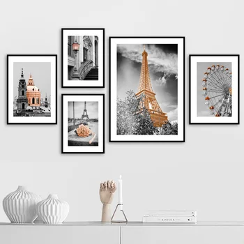 Zlatá Paris Tower Růže Květ Koně Wall Art Malířské Plátno Nordic Plakáty A Tisky Zeď Obrázky Pro Obývací Pokoj Domácí Dekor