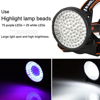 100 LED Dobíjecí Světlomet Bílé a UV Světlo, Světlomet USB svítilna Detektor lampa s 18650 baterie pro Suchou domácí Zvířata Moč&Pet